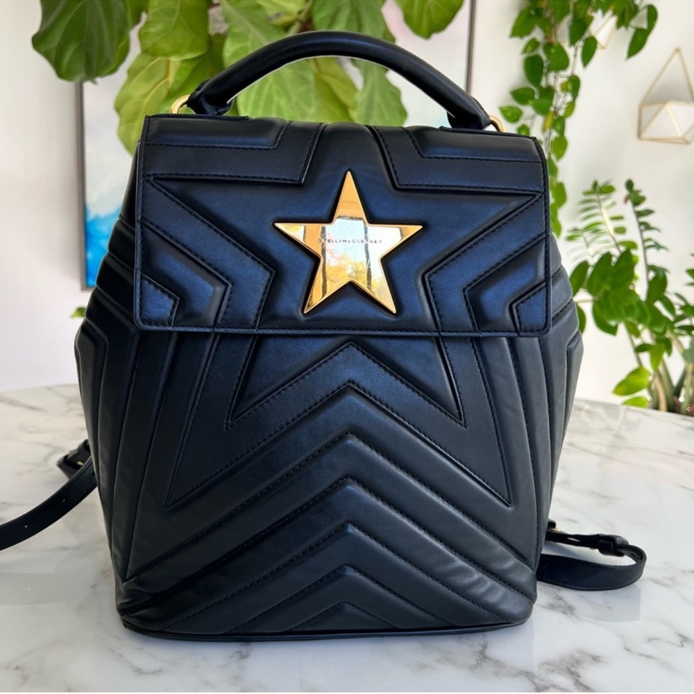 Stella McCartney Large Stella Quilted Star Backback Black Vegan Leather & Gold